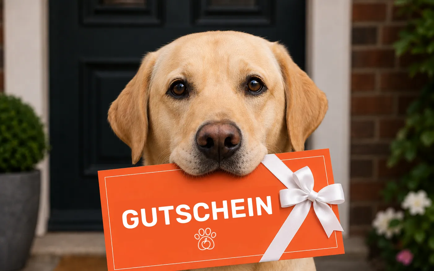 Hund hält einen Gutschein mit Schleife im Maul